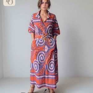 Vestido camisero largo Estampado Étnico con Cinturón