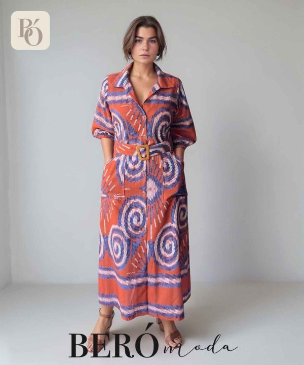 Vestido camisero largo Estampado Étnico con Cinturón