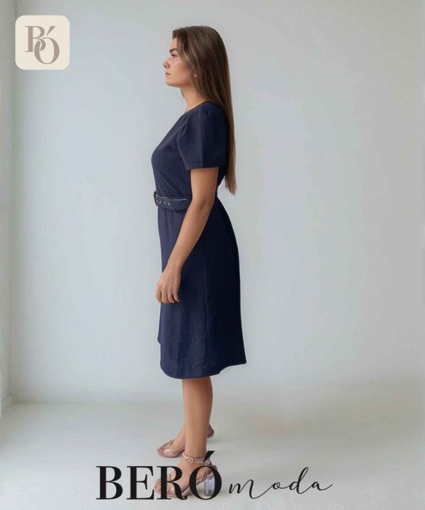 Vestido corto azul marino con cinturón - Image 2