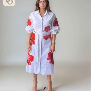 Vestido camisero blanco con estampado floral Rojo