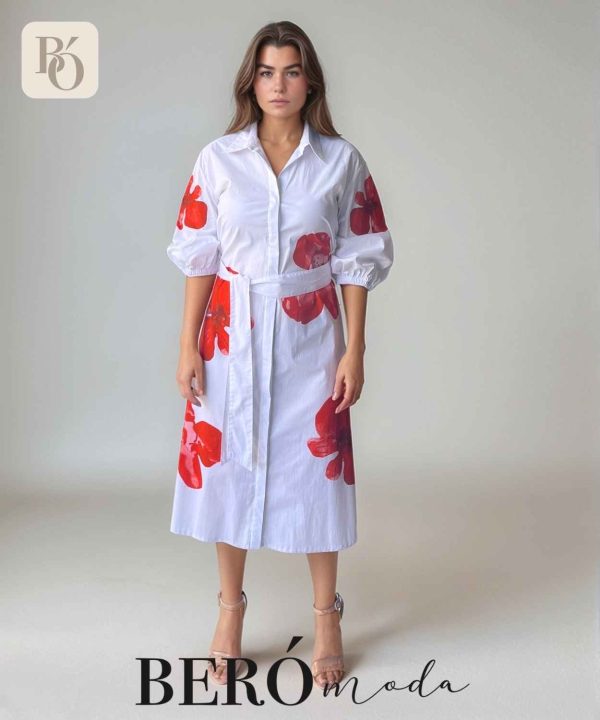 Vestido camisero blanco con estampado floral Rojo