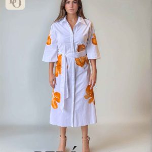 Vestido camisero blanco con estampado floral Naranja
