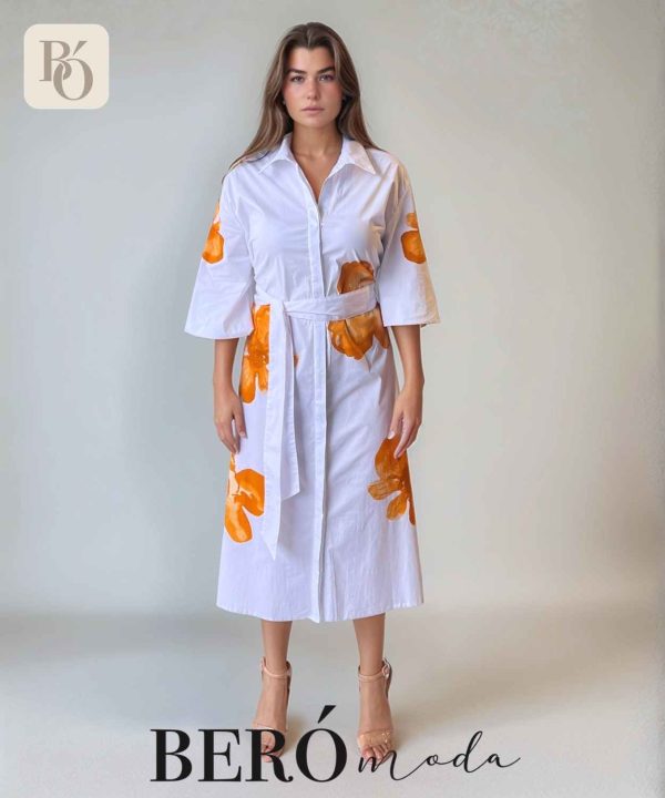 Vestido camisero blanco con estampado floral Naranja