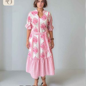 Vestido midi blanco con estampado fucsia