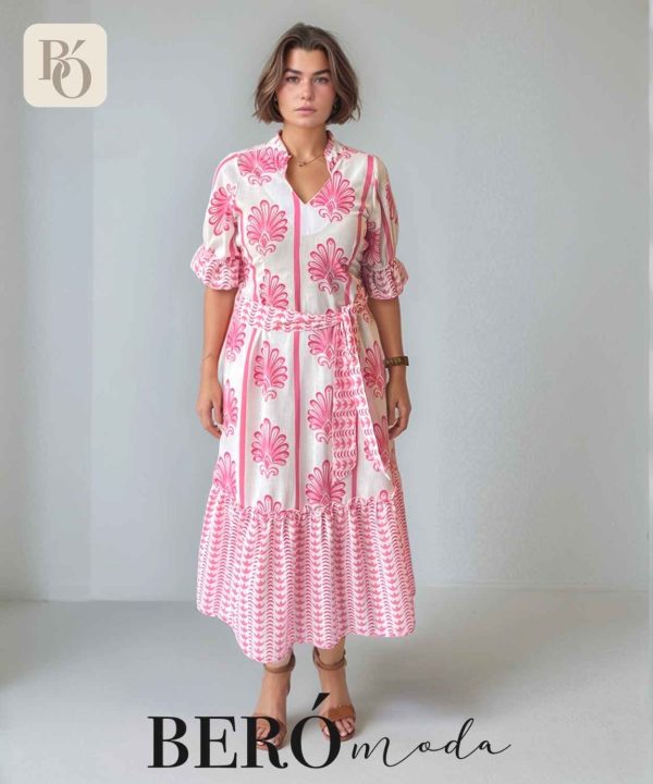 Vestido midi blanco con estampado fucsia