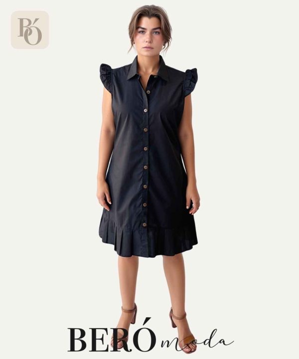 Vestido camisero negro con volantes