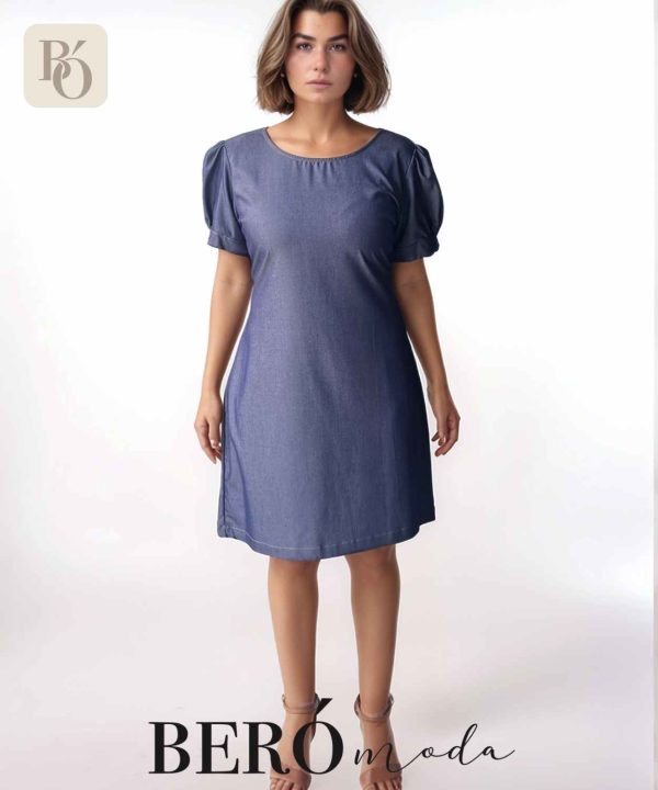Vestido corto en tono denim con mangas globo