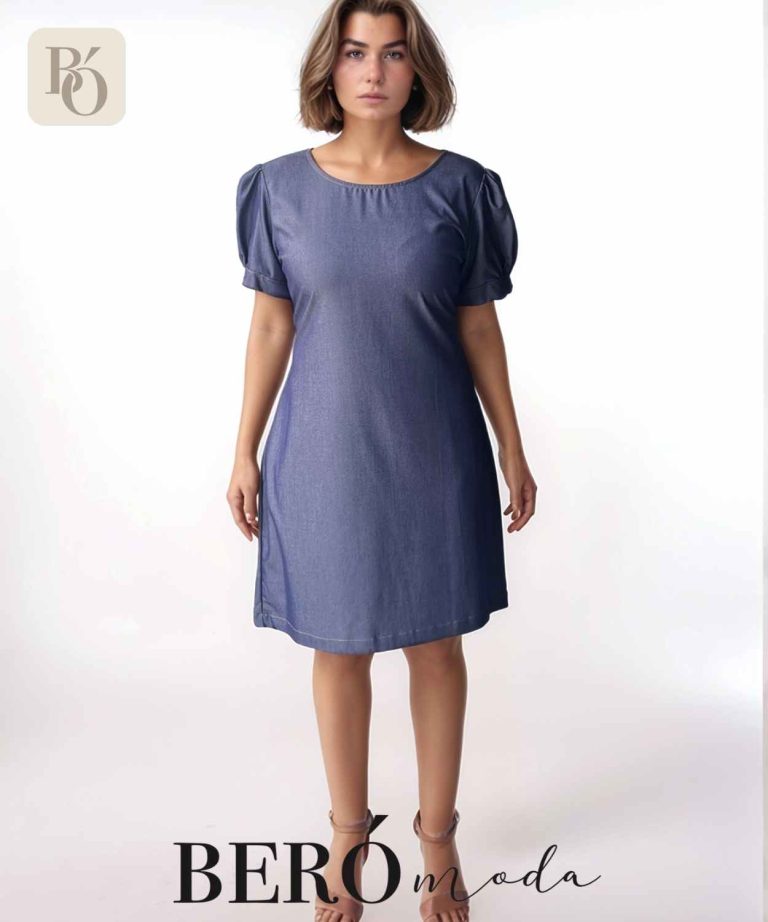 Vestido corto en tono denim con mangas globo
